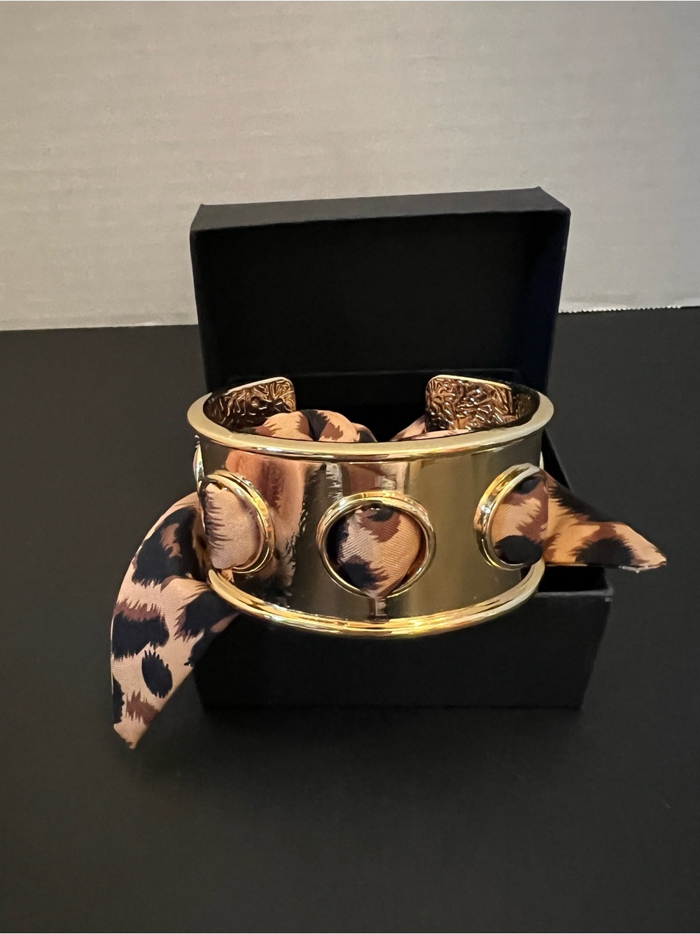 Gold Cuff Bracelet with Leopard Print Scarf Accent